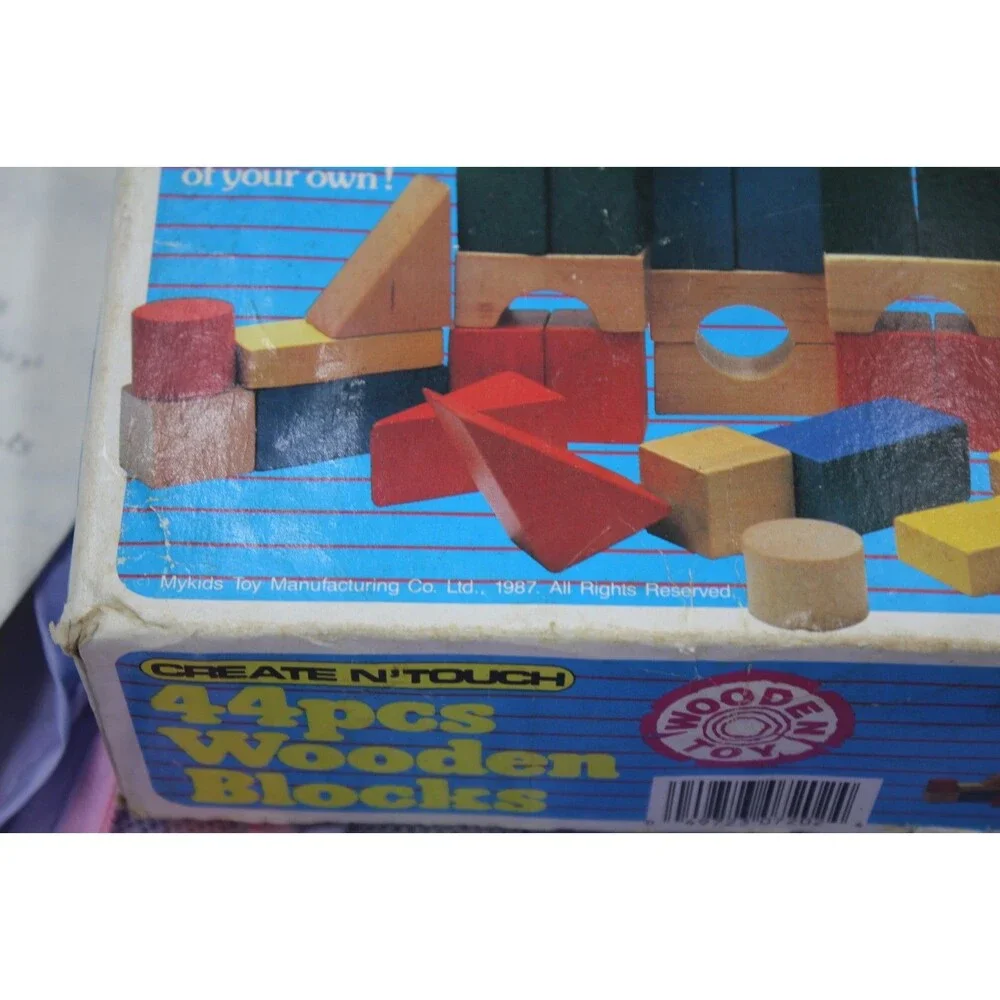 My Kids 44pc Wooden Blocks + Train Pull Vintage Set Primary Toddler Montessori